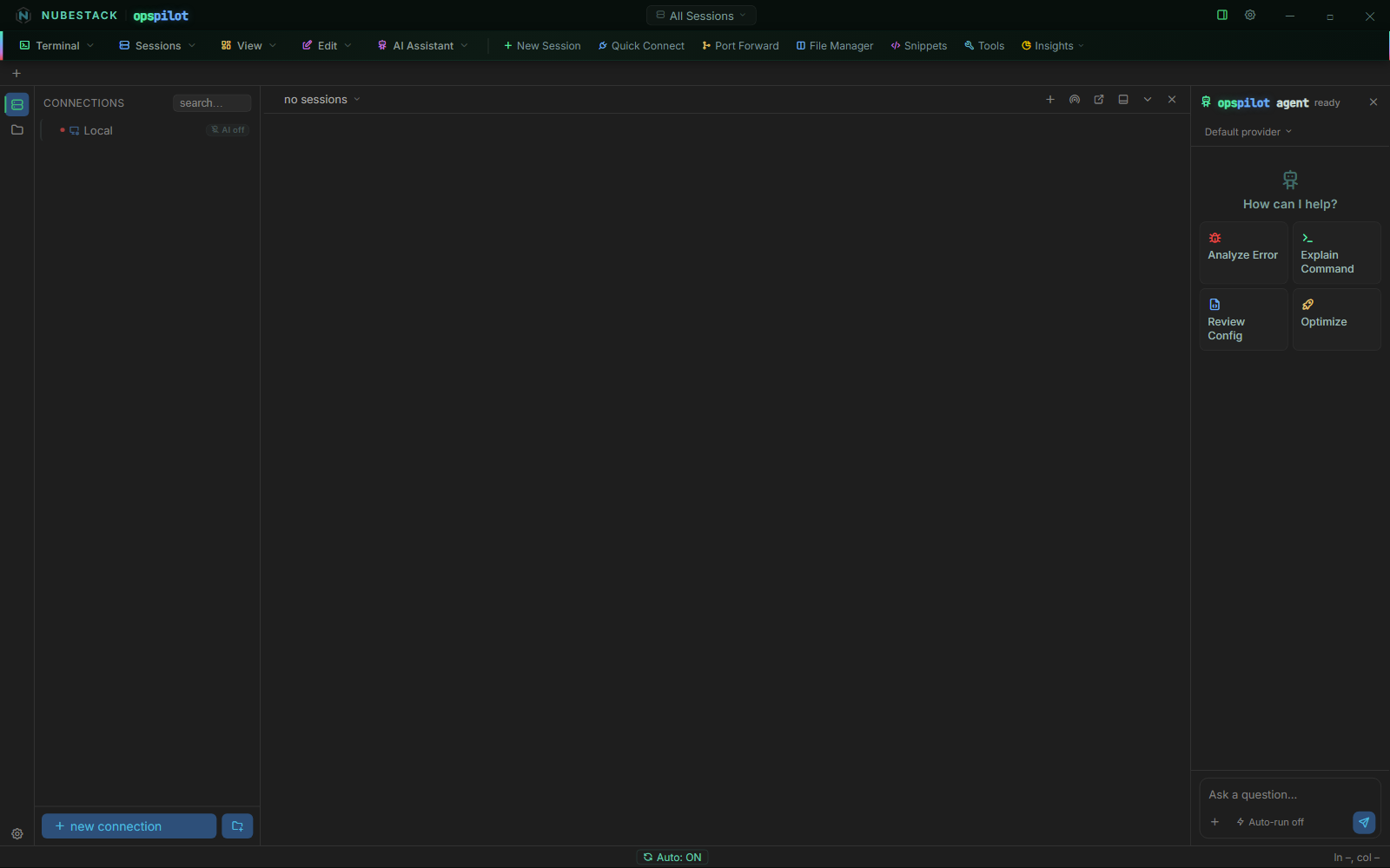 OpsPilot on first launch, before any connection is configured: an empty connections list with a single Local entry, no open sessions, and the AI panel in its ready state