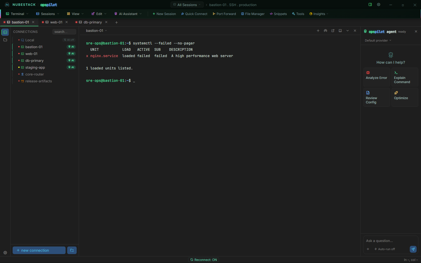The OpsPilot workspace: saved connections on the left, a live terminal in the centre, the AI panel on the right