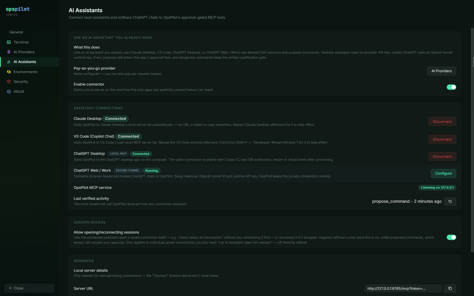 The AI Assistants page with Claude Desktop, VS Code, ChatGPT Desktop and ChatGPT Web connected