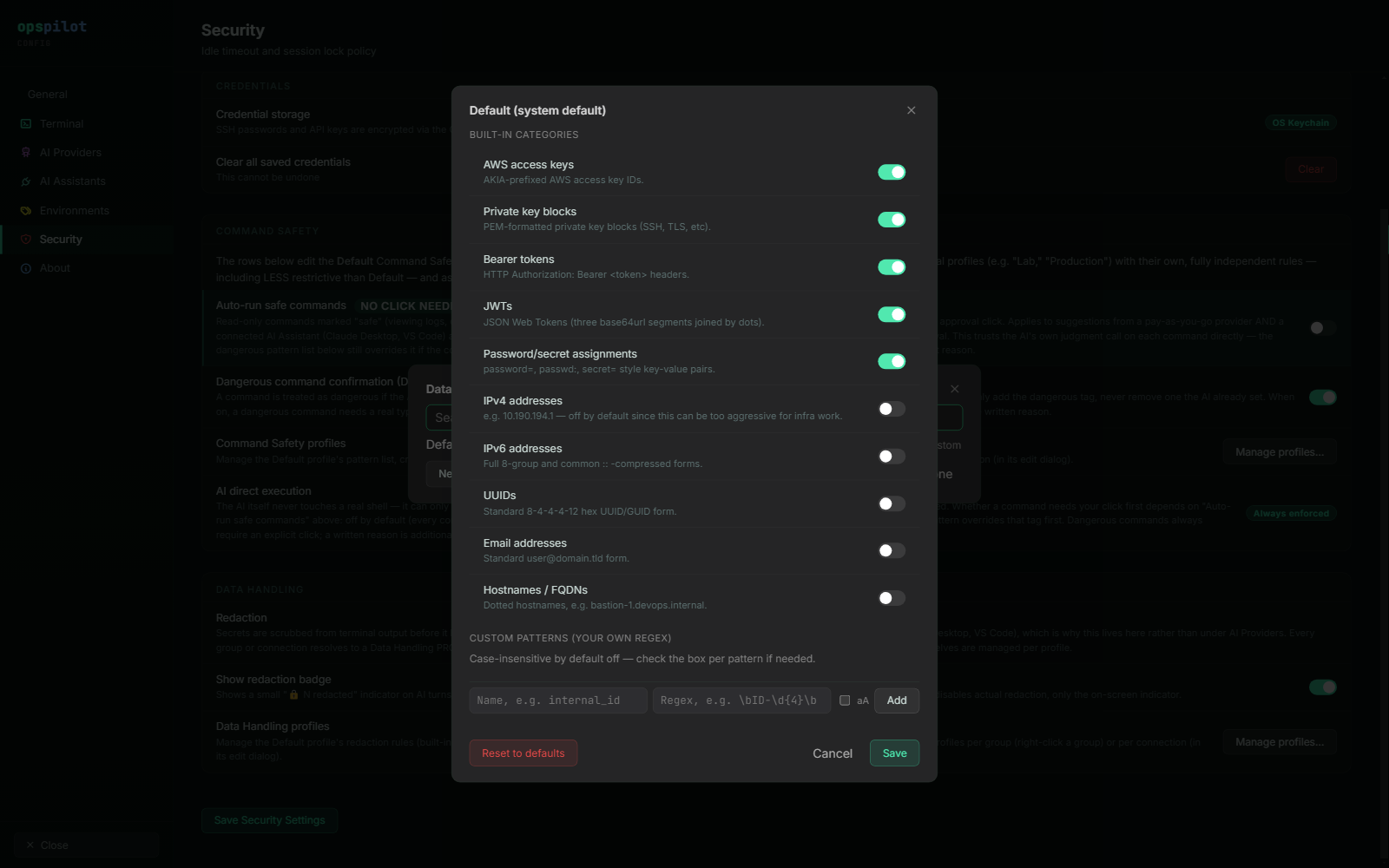 The redaction editor listing the ten built-in categories as toggles, with a custom pattern field below