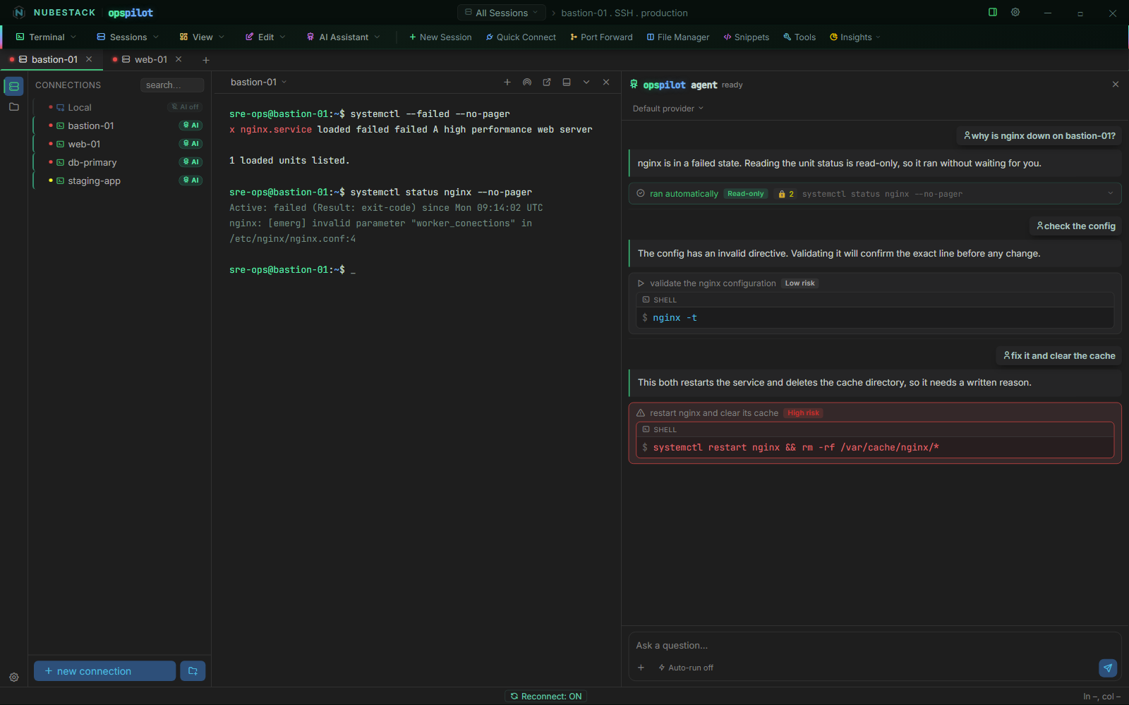 Three proposed commands in the AI panel, showing the read-only, low risk and high risk tiers with their different approval controls