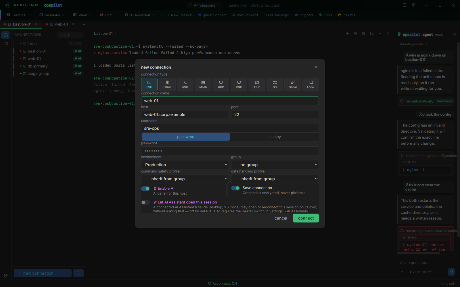 The new connection dialog with SSH selected and host, port, username and password filled in, showing the environment, group and profile fields below