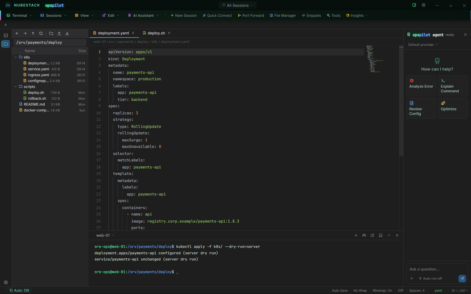 The file explorer and Monaco editor open on a Kubernetes deployment manifest, with the terminal docked below