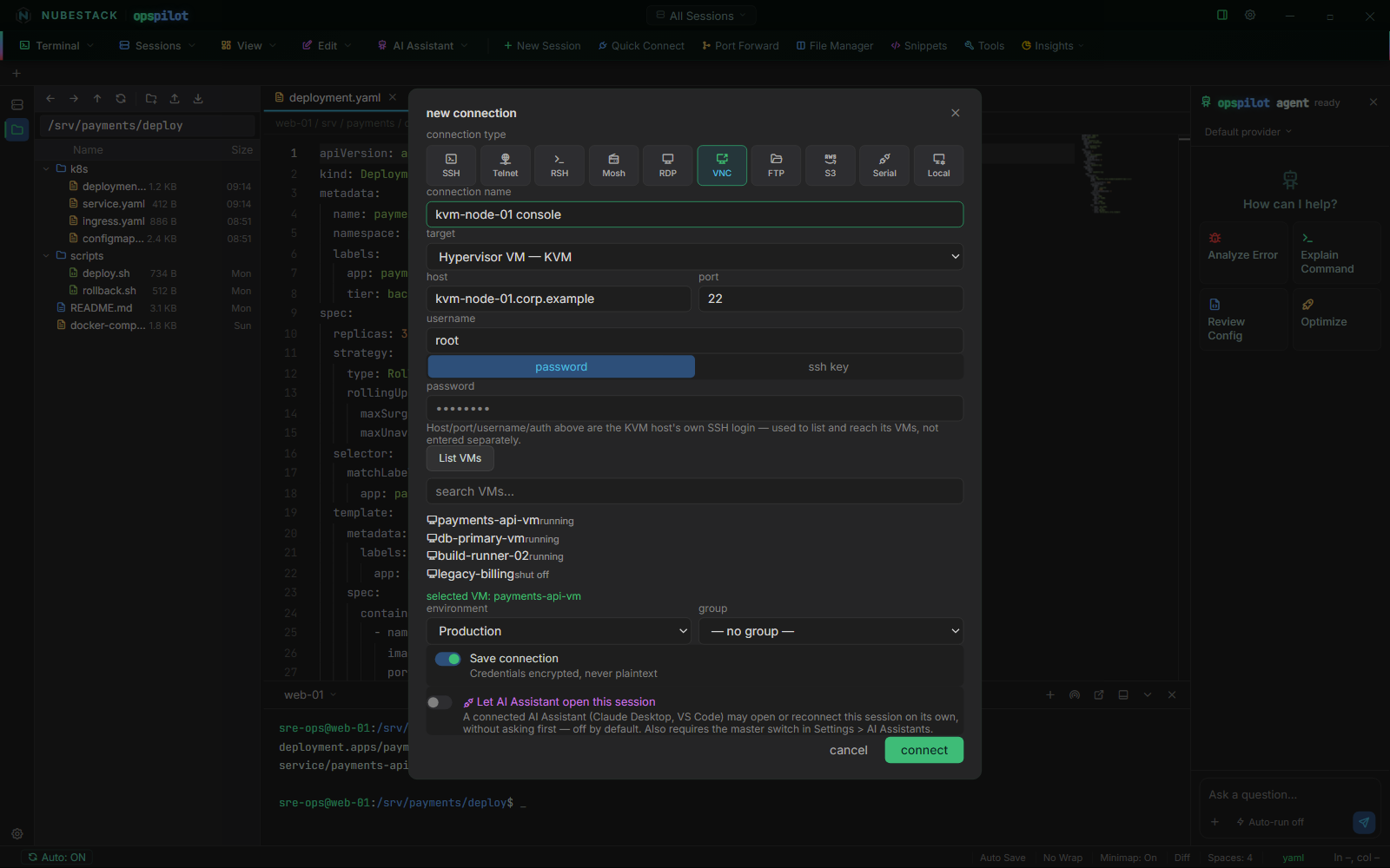 Creating a KVM hypervisor console connection with the VM list populated
