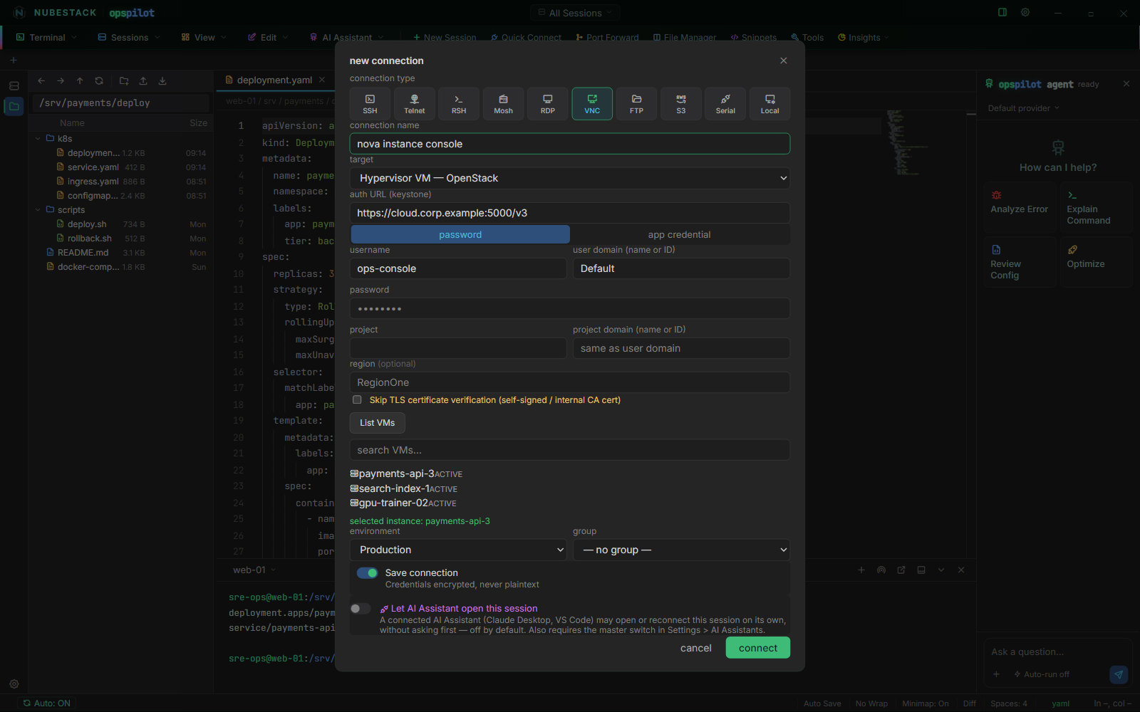 Creating an OpenStack Nova console connection showing Keystone authentication and the instance list